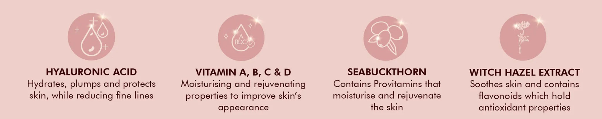 Icons and text describing benefits of hyaluronic acid, vitamins A, B, C, D, seabuckthorn, witch hazel extract.
