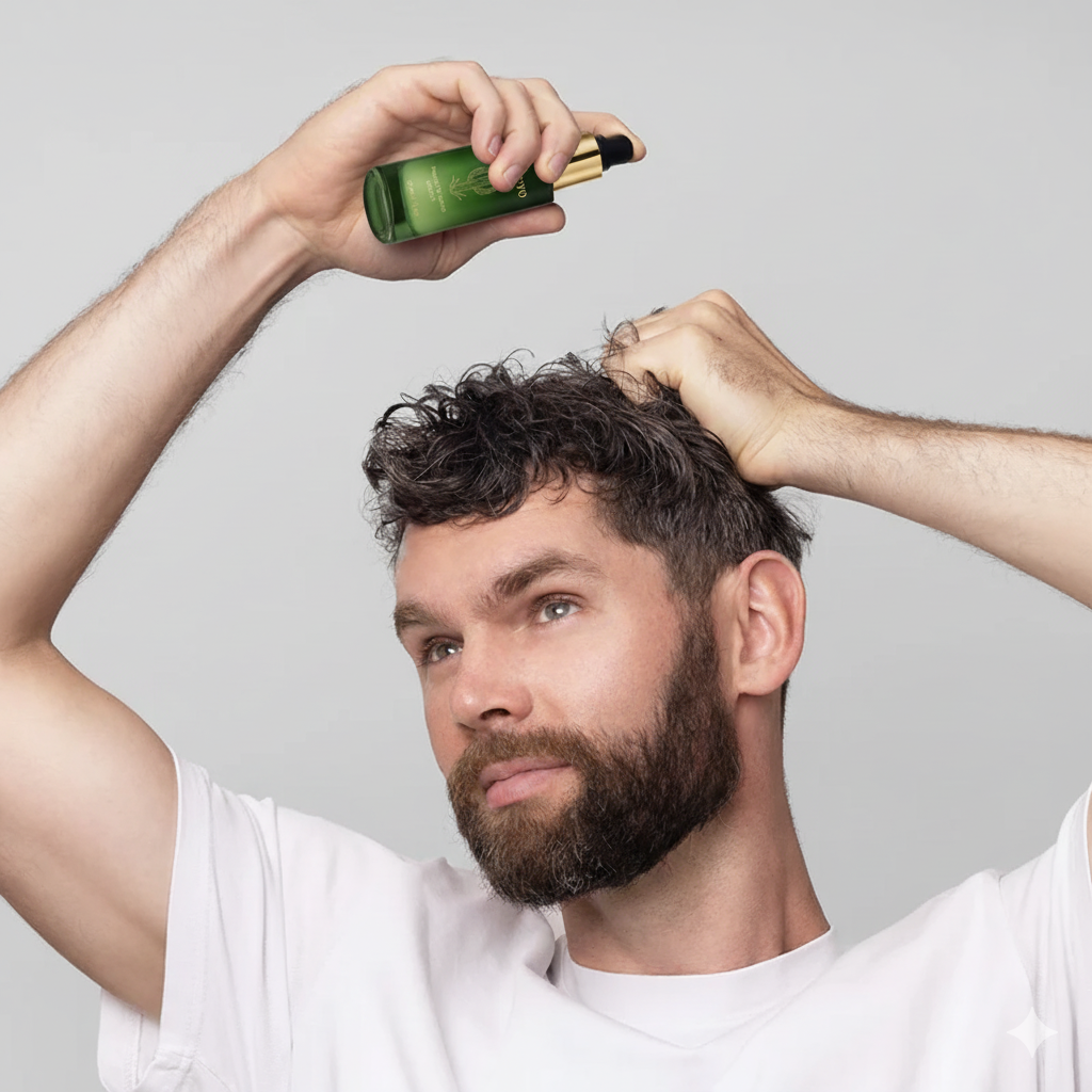 Person applying green bottle to curly hair.