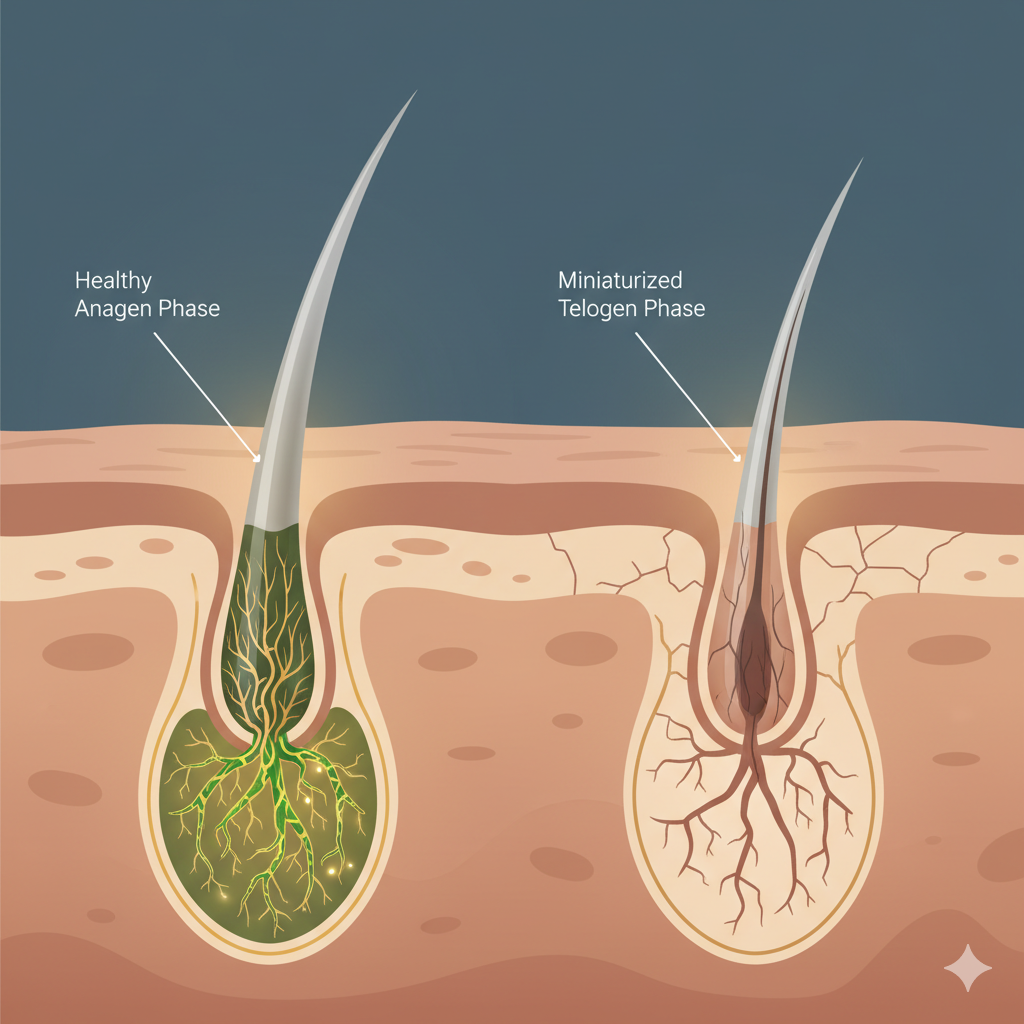 Illustration comparing healthy and miniaturized hair follicles in different growth phases.