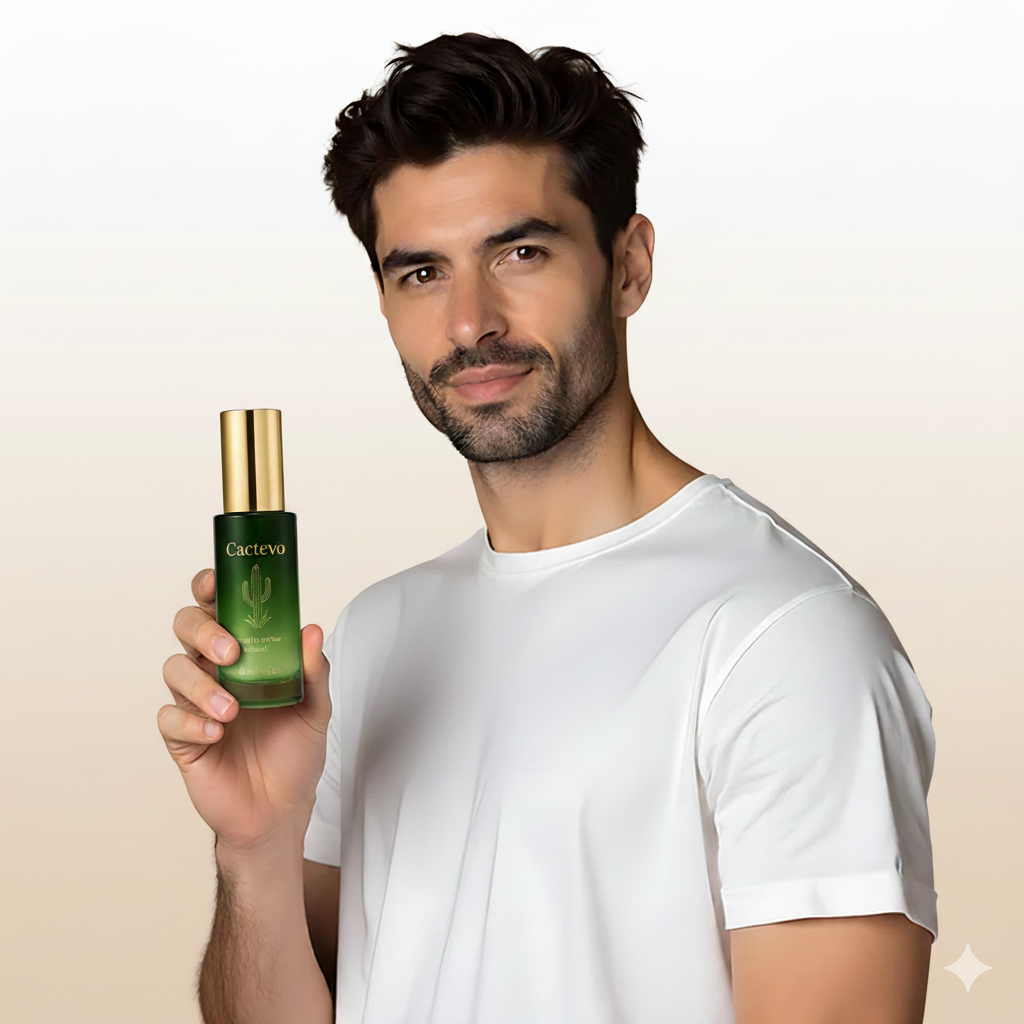 Person holding green bottle labeled 'Cactevo' wearing a white shirt against a light background.