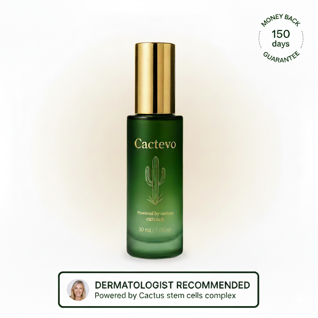 Green glass bottle with gold cap labeled 'Cactevo', cactus design, and dermatologist recommended text.