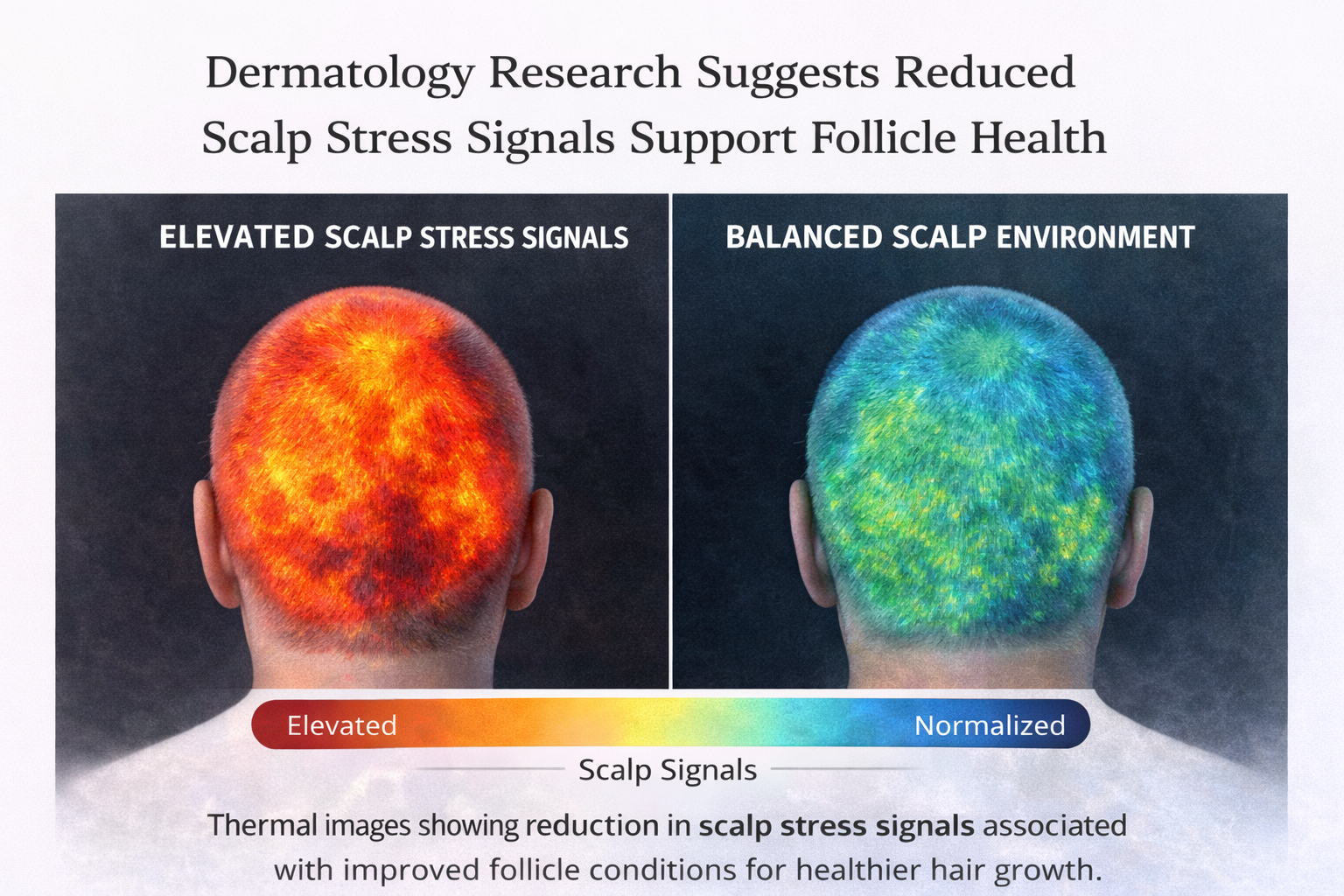 Two thermal images of a scalp showing elevated and balanced stress signals.
