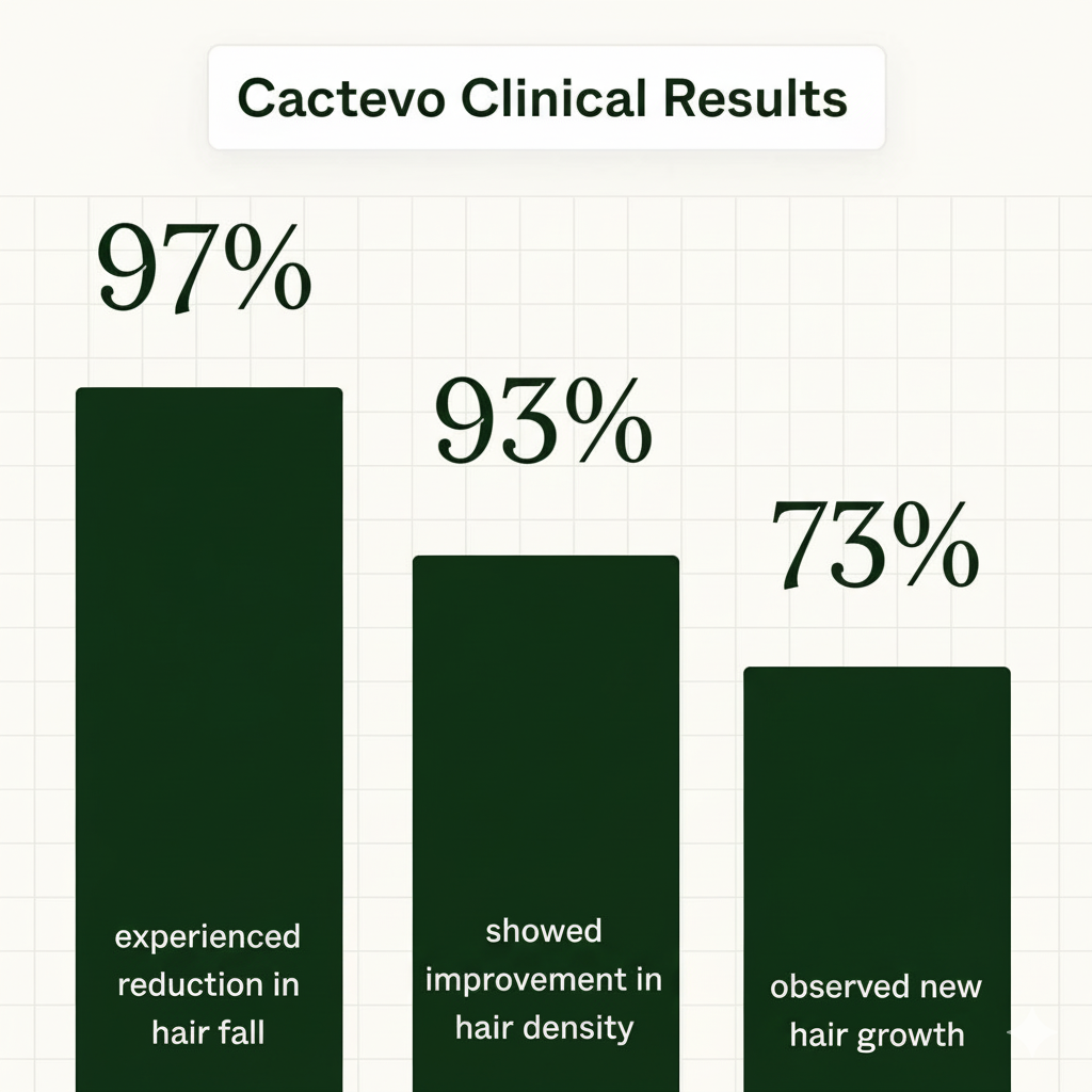 Bar chart showing clinical results for hair fall reduction, hair density improvement, and new hair growth.