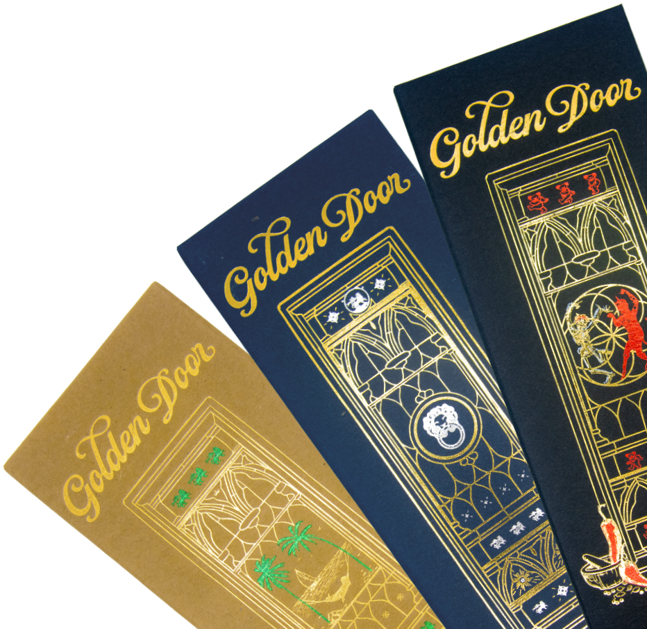Three fanned-out menus for Golden Door with ornate gold foil illustrations against a white background.