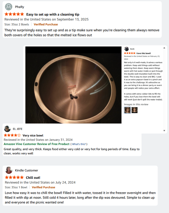 Stainless steel bowl with protective covering, surrounded by user reviews.