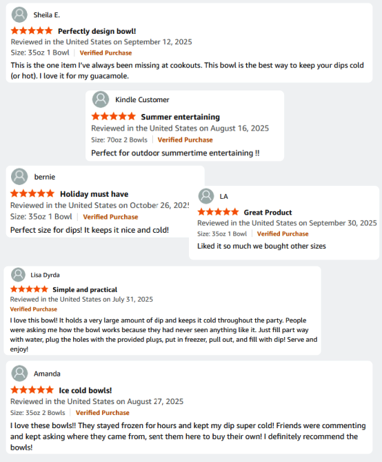 Screenshot of six customer reviews for bowls on an online shopping site.