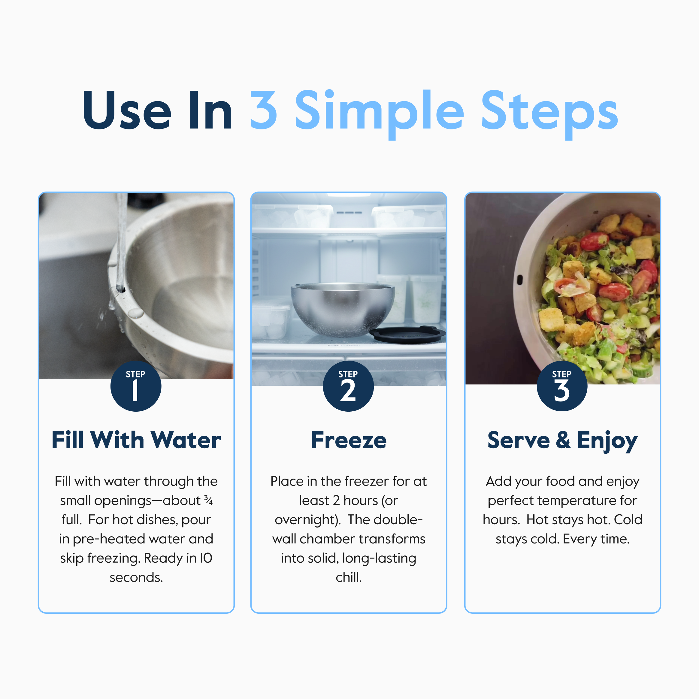 Step-by-step guide for using a food storage container: fill, freeze, serve and enjoy.