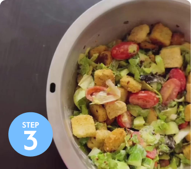 Bowl of salad with croutons, tomatoes, and greens, labeled 'Step 3'.