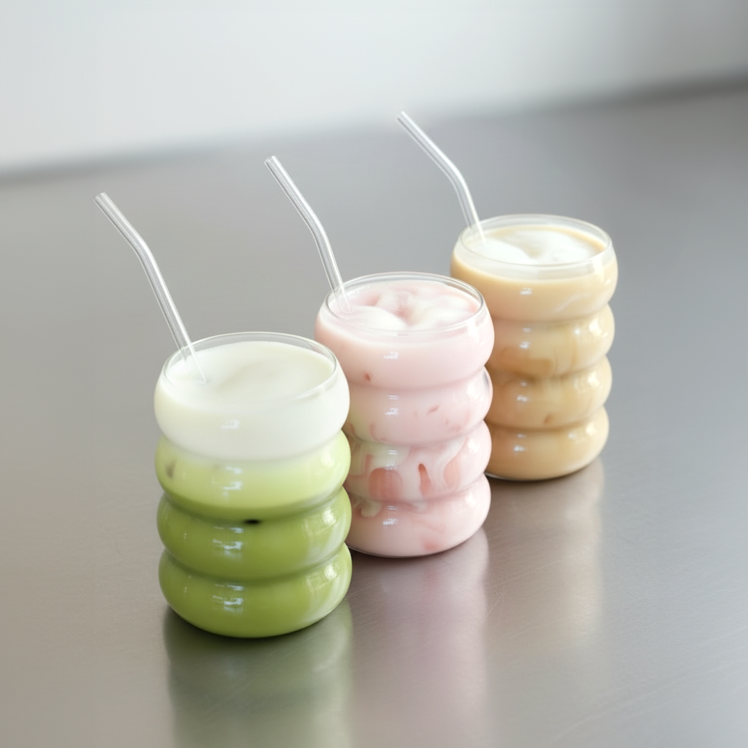Three colorful drinks in textured glasses with clear straws on a gray surface.