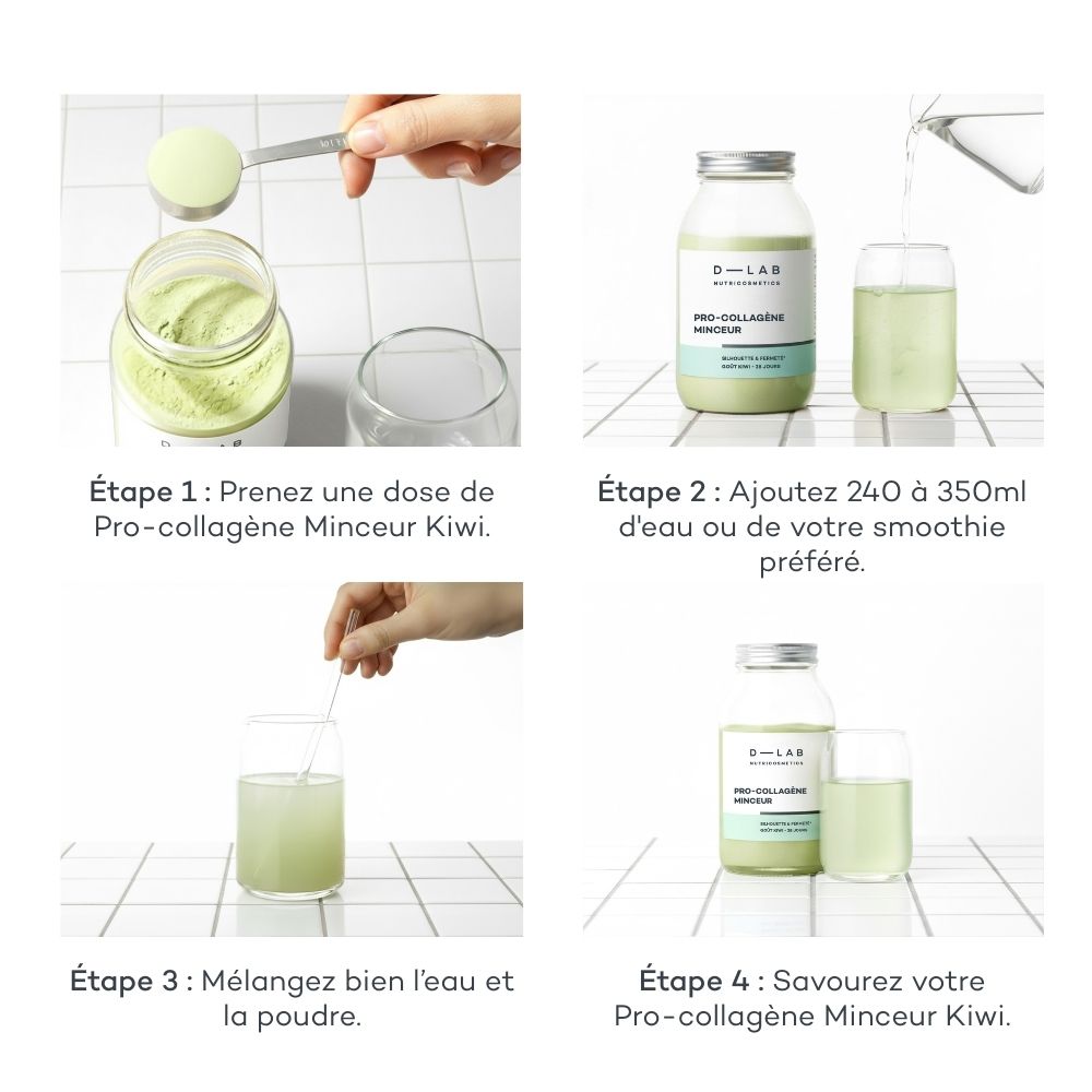 Four-step process of mixing green powder into a drink.