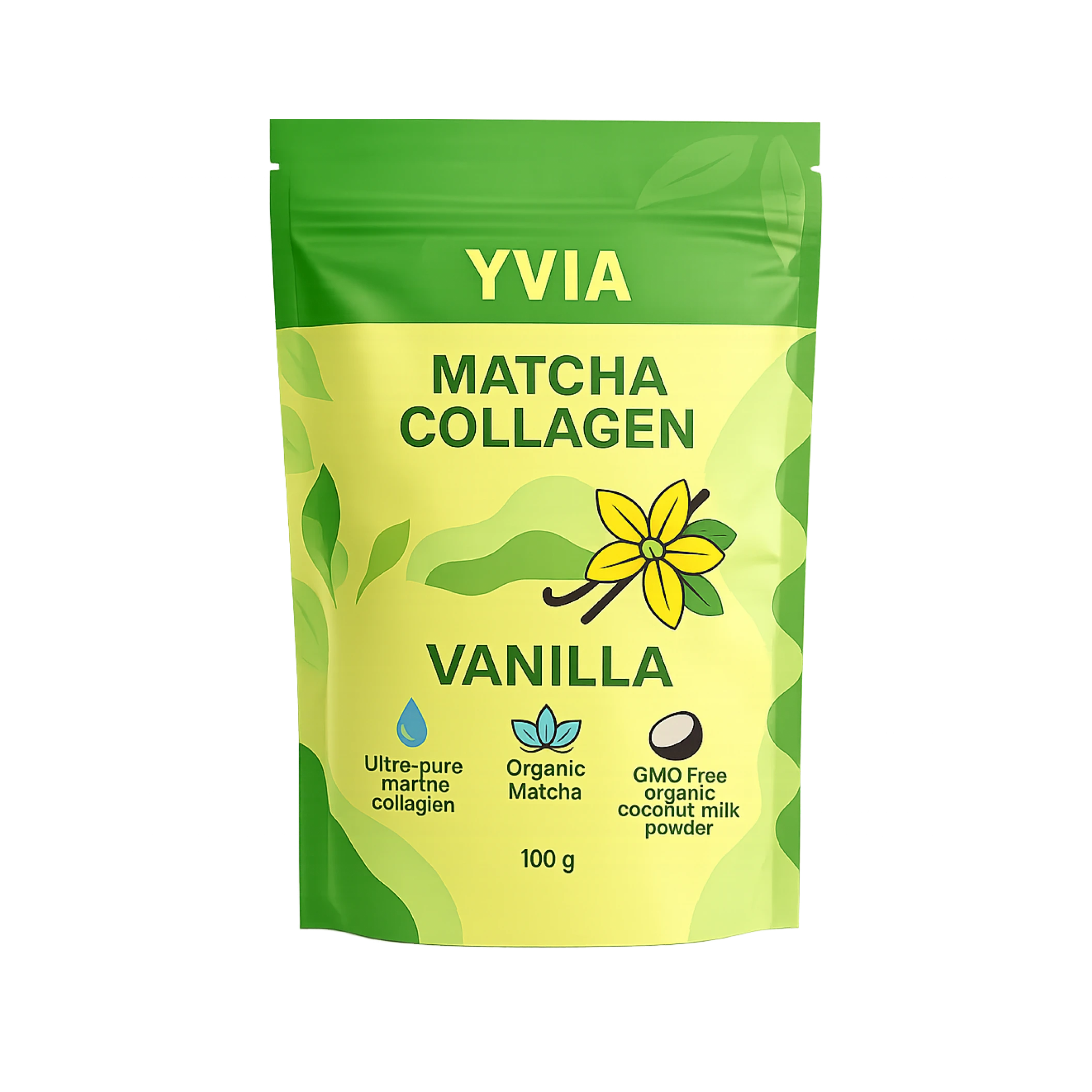 A green and yellow stand-up pouch of Yvia Matcha Collagen, vanilla flavor, against a white background.