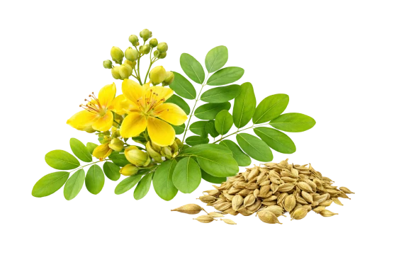 A sprig of a plant with yellow flowers, green leaves, and a pile of its dried seed pods.