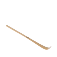 A long, thin bamboo scoop, known as a chashaku, for measuring matcha tea against a white background.