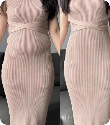 A before and after comparison of a woman in a tan ribbed dress, showing a flatter stomach.