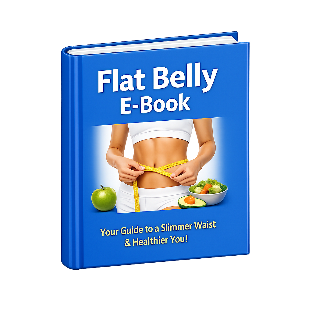 The blue cover of the 'Flat Belly E-Book,' showing a woman measuring her waist.