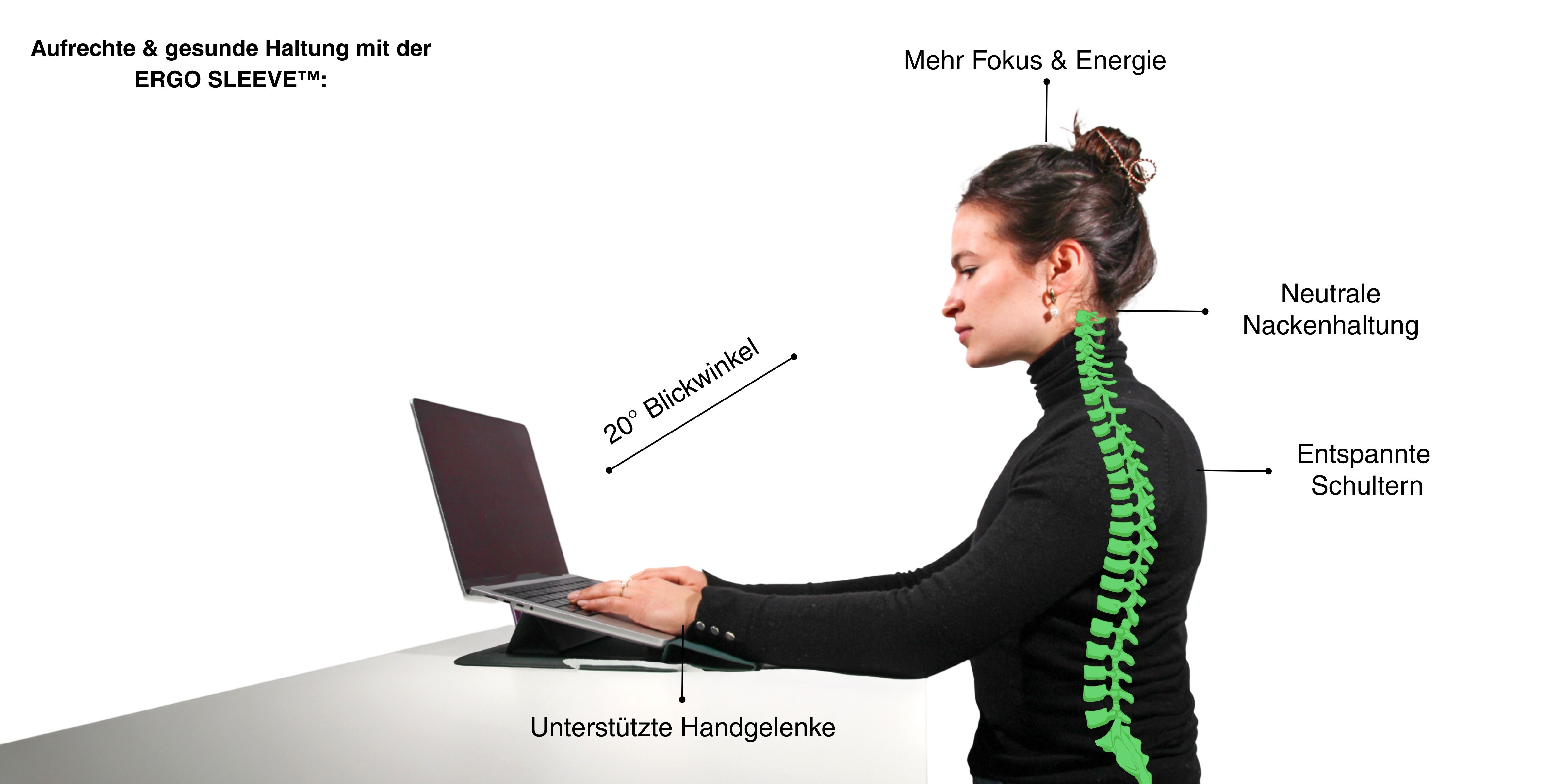 Woman using a laptop with labeled posture improvements.