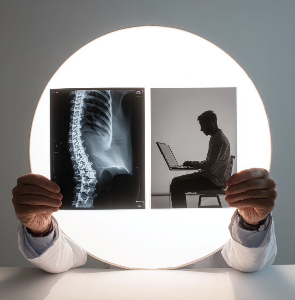 Hands holding a spine X-ray and a silhouette of a person using a laptop.