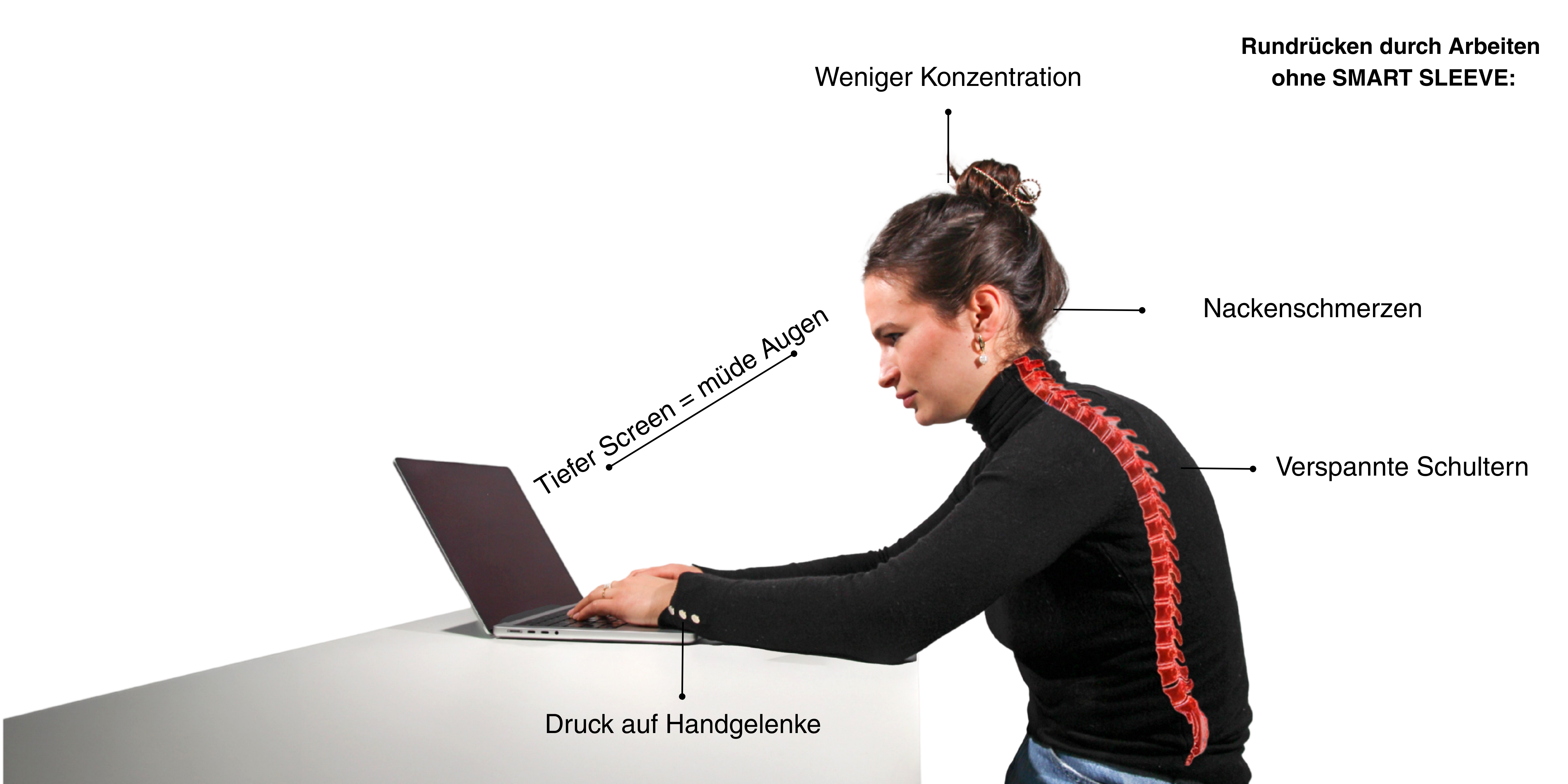 Woman at a laptop with posture annotations and highlighted spine.