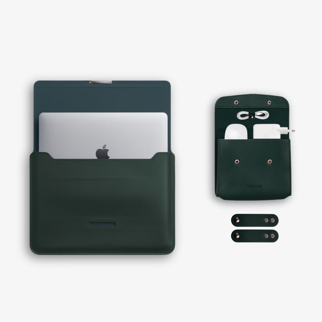Laptop sleeve and accessory pouch with dark green exterior.