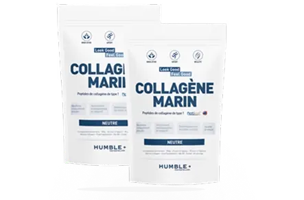 Two white pouches of Humble brand Collagène Marin supplement against a plain white background.