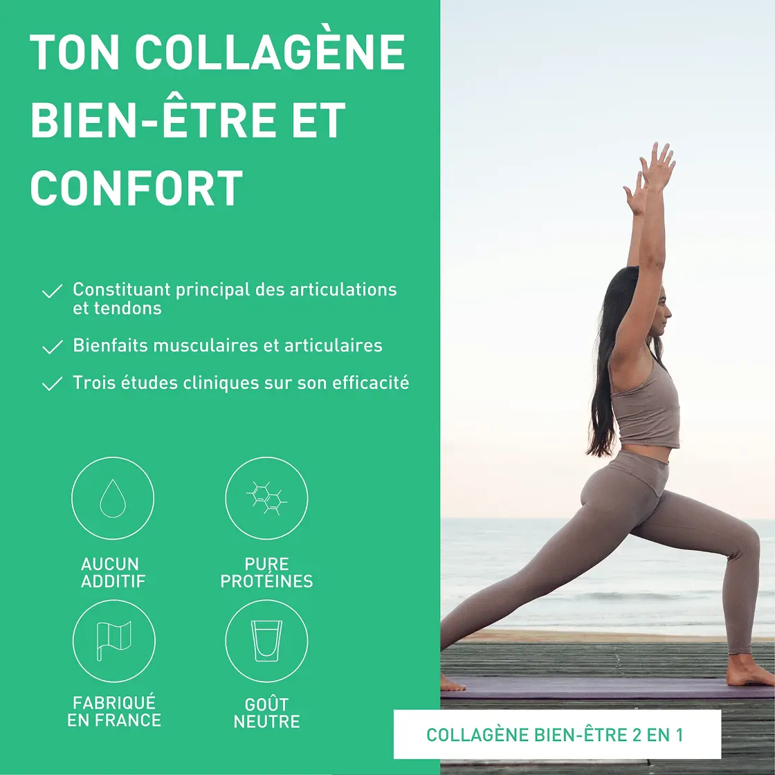 A woman in a yoga pose on a deck by the sea, next to an advertisement for collagen.