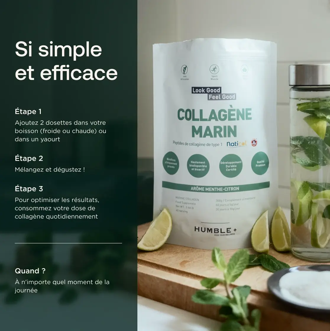 An advertisement for marine collagen powder shows the bag with lime wedges, mint, and a water bottle.