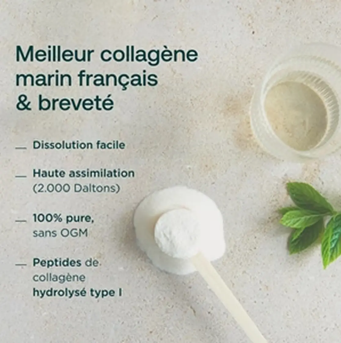 A scoop of white collagen powder next to a list of its benefits in French.