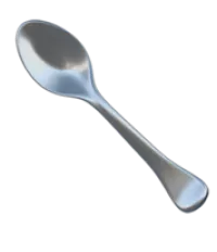 A shiny, silver-colored spoon on a plain white background.