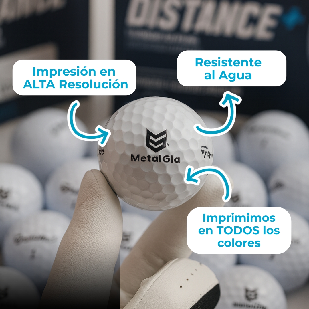 Hand holding a printed golf ball with text about high resolution and waterproof printing.