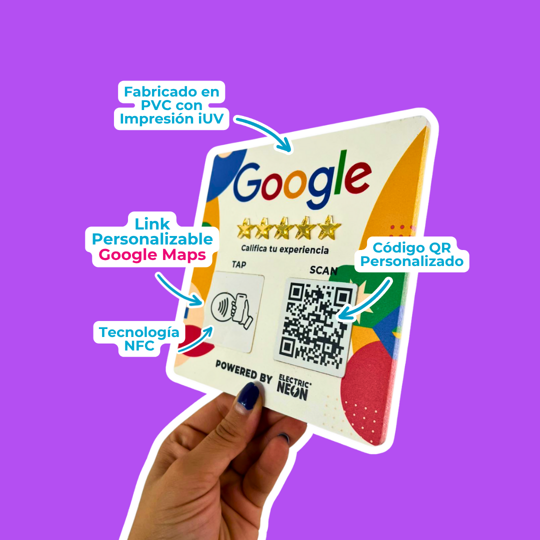 Hand holding a Google-branded card with QR code and NFC technology on purple background.