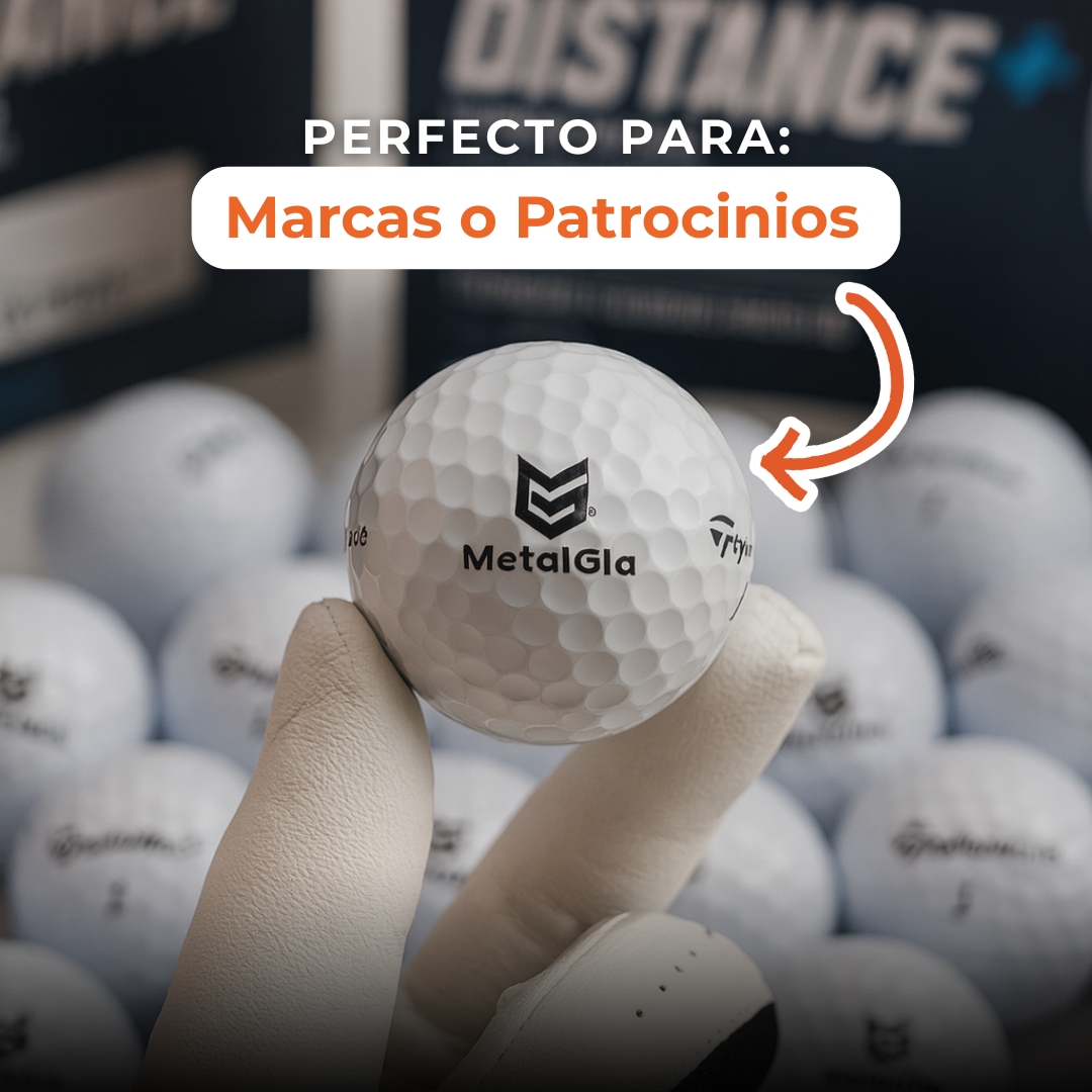 Gloved hand holding a branded golf ball with text 'Perfecto para: Marcas o Patrocinios.'