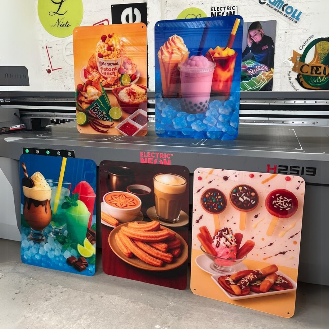 Person posing with vibrant neon signs and promotional birthday buffet offer.