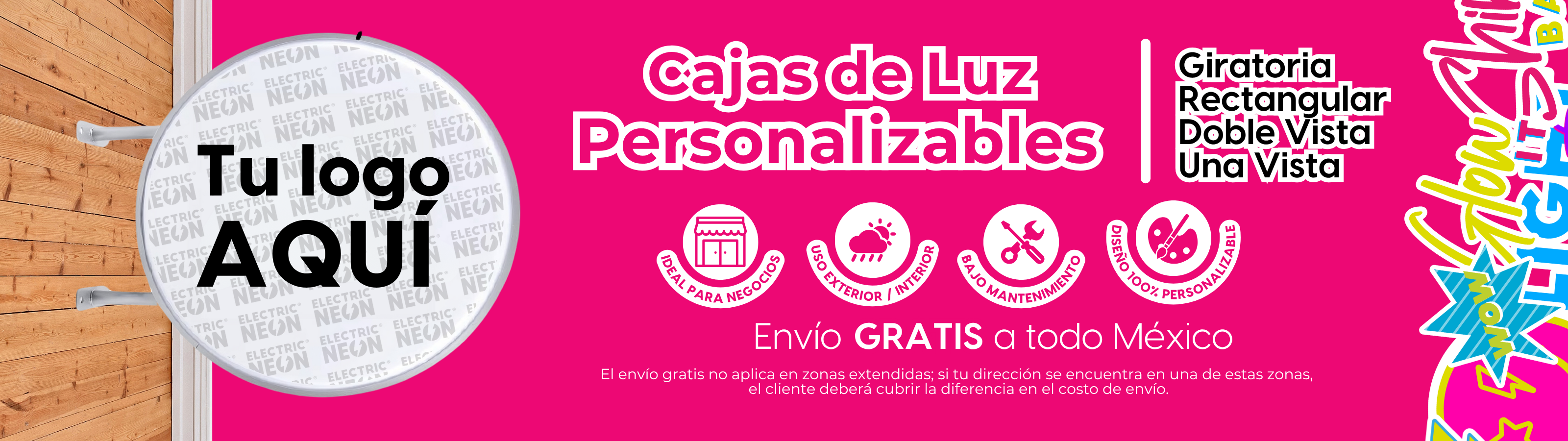 Advertisement for customizable light boxes with free shipping in Mexico.