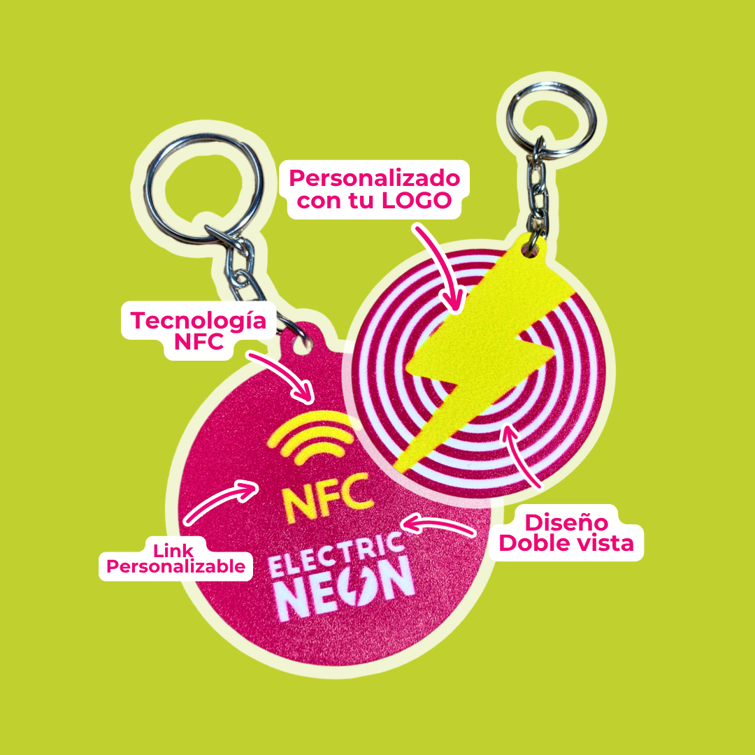 Two keychains with NFC technology and customizable design on a green background.