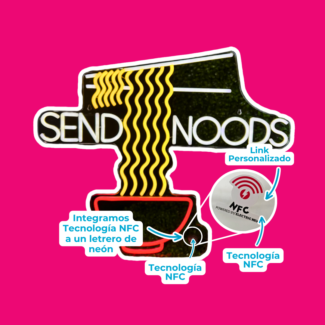 Neon sign with 'SEND NOODS' and NFC technology labels on pink background.
