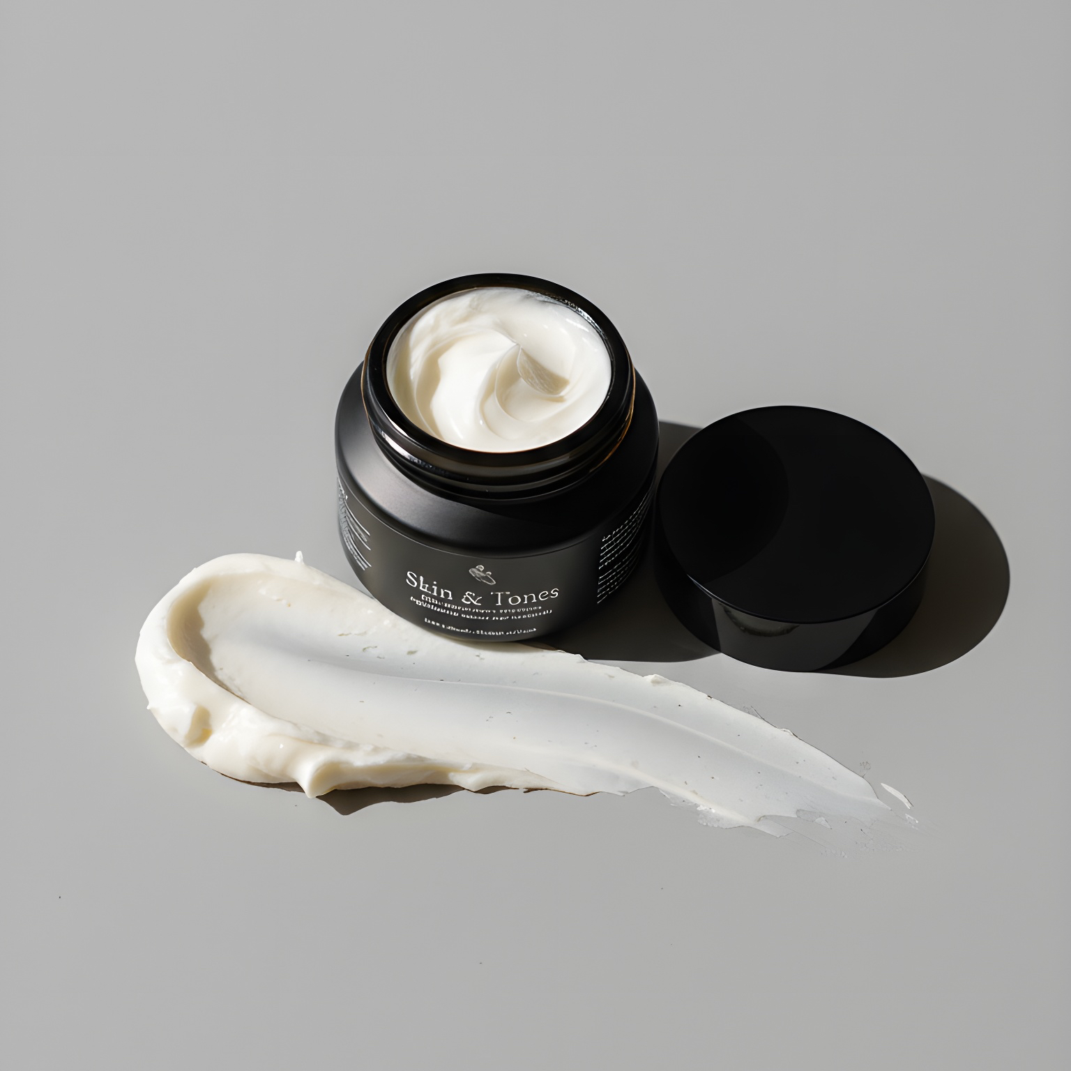 Open jar of cream with a swipe of cream beside it.