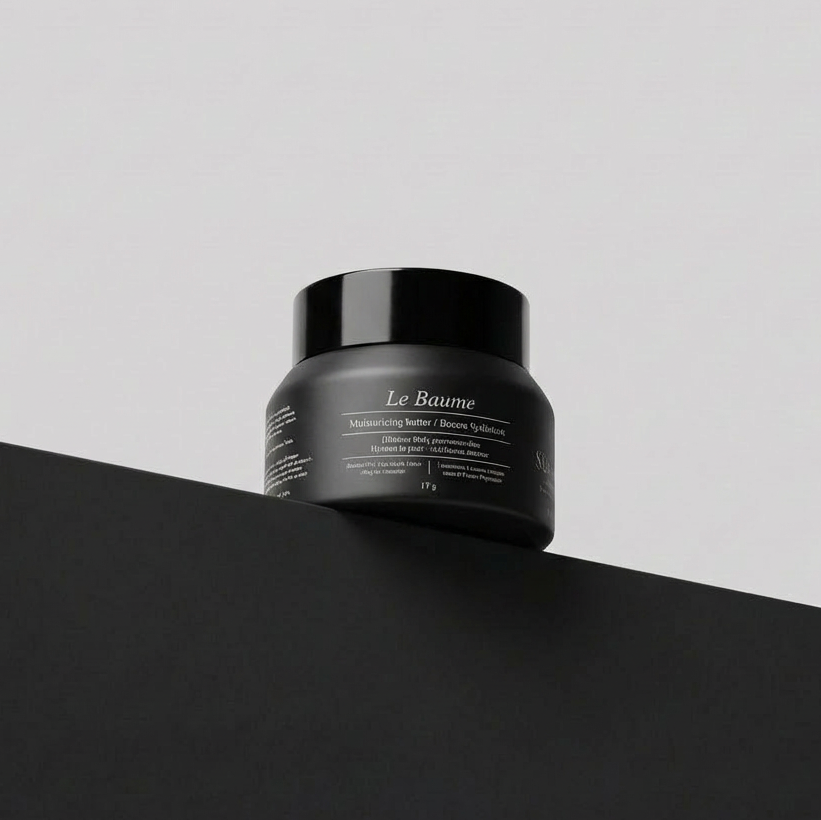 Black jar labeled 'Le Baume' on a dark surface.