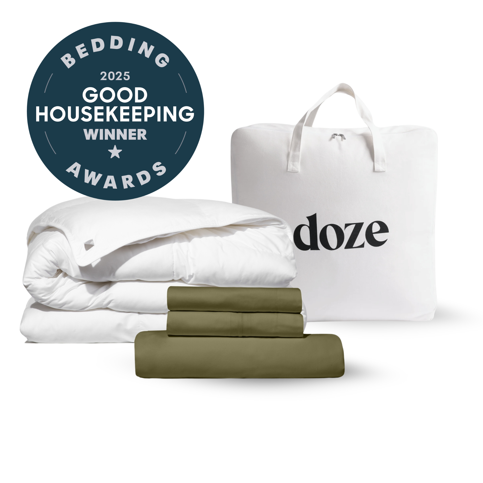 Bedding set with white comforter, green sheets, and award badge.