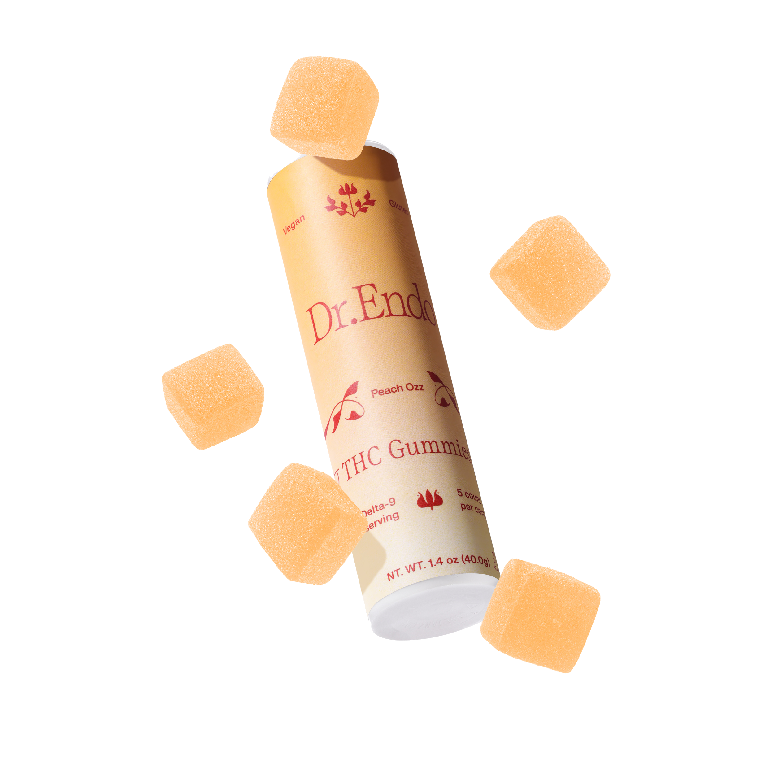 A bottle of Dr. Endo THC Gummies surrounded by peach-colored, cube-shaped gummies on a green background.