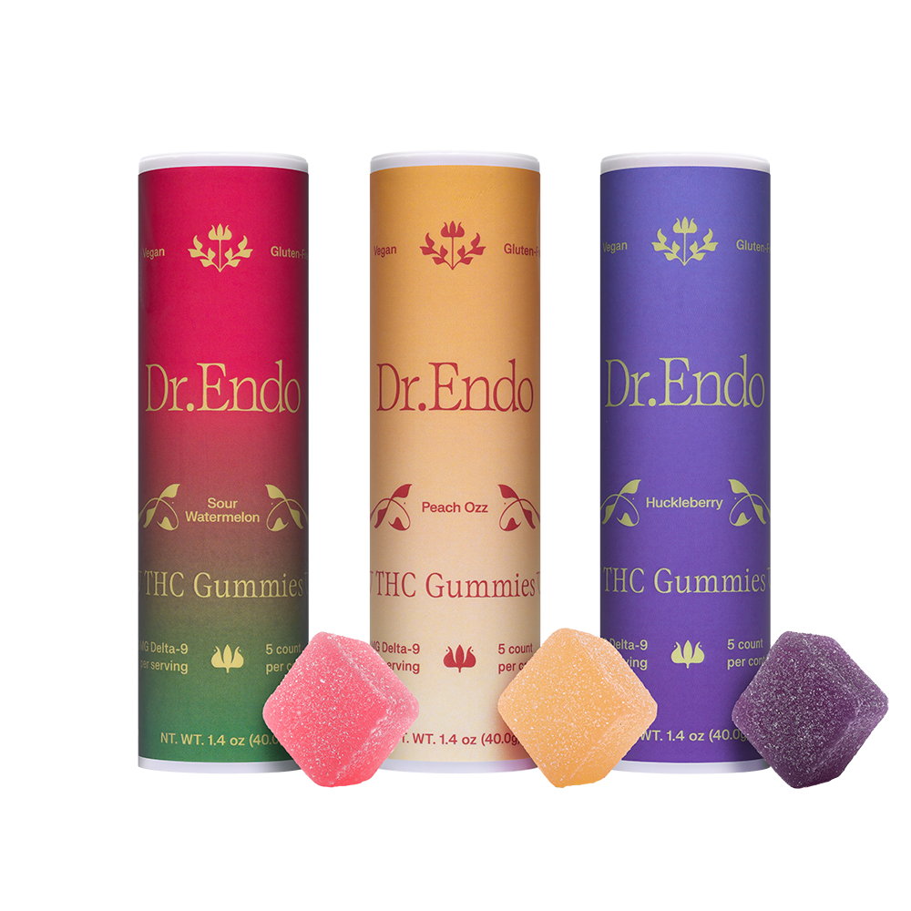 Three colorful tubes of Dr. Endo THC Gummies with a matching gummy candy in front of each.