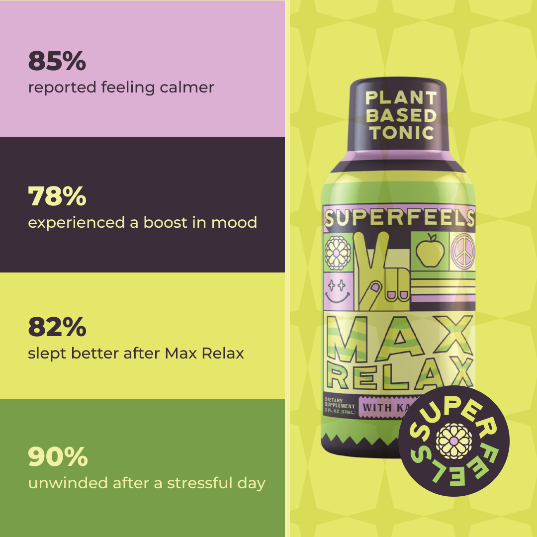 Colorful tonic bottle with statistics on mood improvement and relaxation benefits.