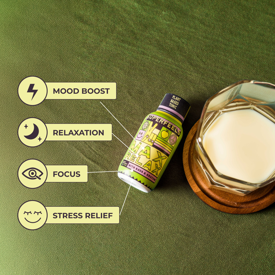 Bottle labeled 'Max Relax' with mood, relaxation, focus, stress relief icons next to a glass on green fabric.