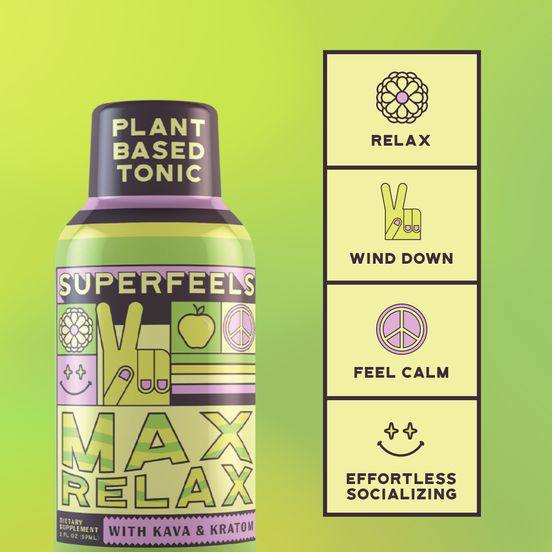 Colorful tonic bottle labeled 'Superfeels Max Relax' with benefits listed: relax, wind down, feel calm.