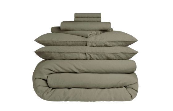 Stack of folded olive green bedding and pillowcases.