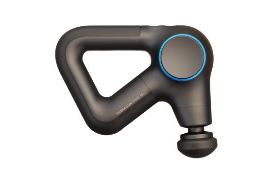 Black handheld massage gun with a blue ring around the motor.