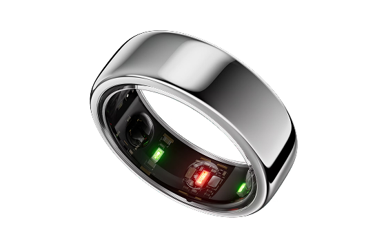 Silver smart ring with visible sensors inside.
