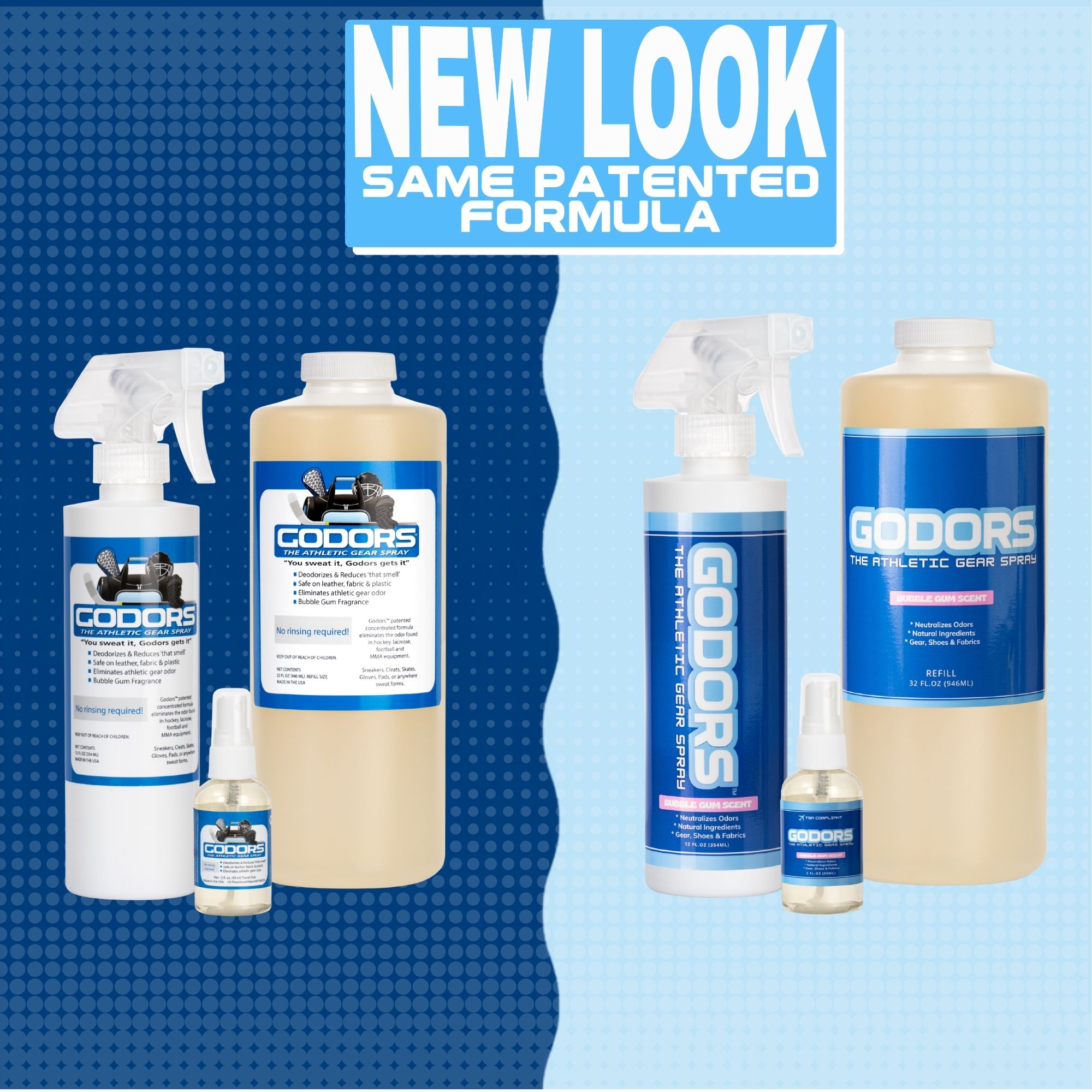 A before-and-after image of Godors athletic spray bottles, showing the old packaging and the new 'New Look' design.