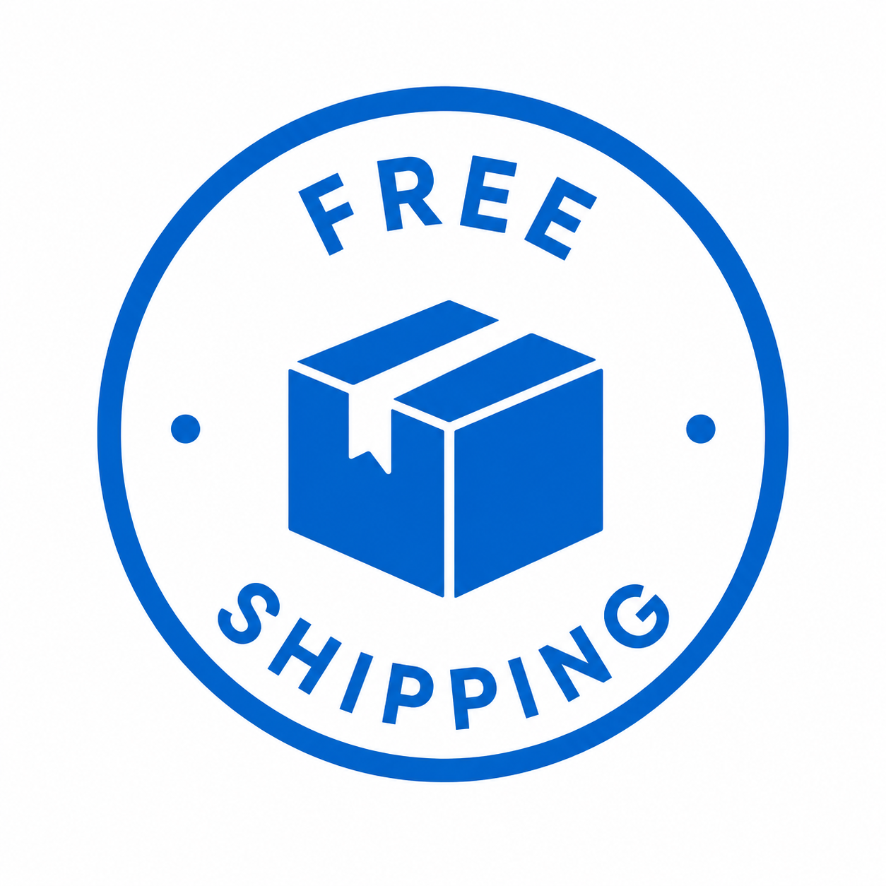 A blue circular icon with the words 'Free Shipping' and a graphic of a shipping box.