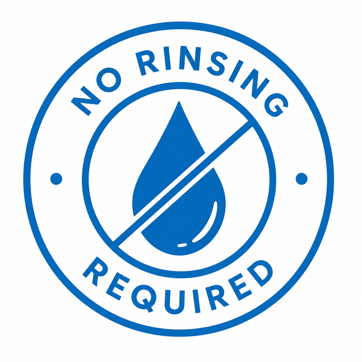 A blue circular icon that reads 'No Rinsing Required' with a crossed-out water droplet in the middle.