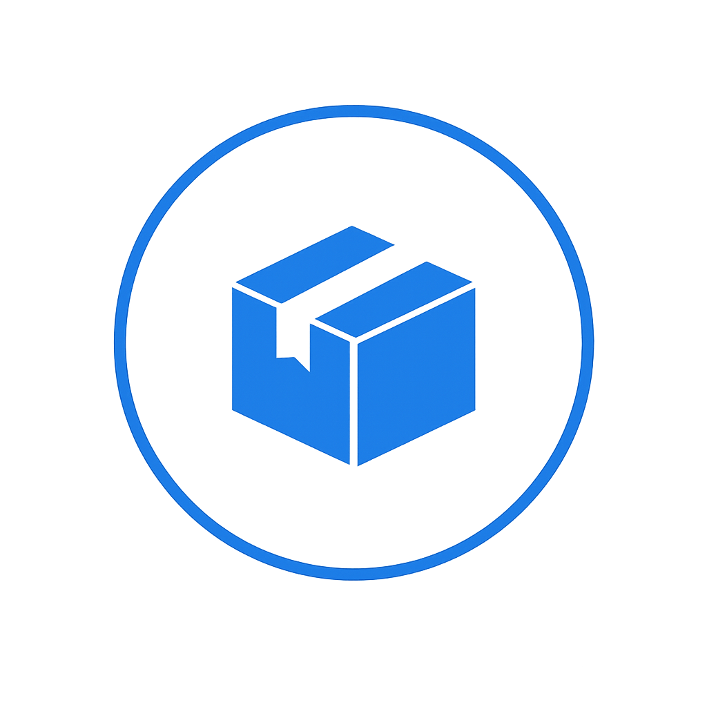 A blue icon of a cardboard box inside a thin blue circle on a white background.